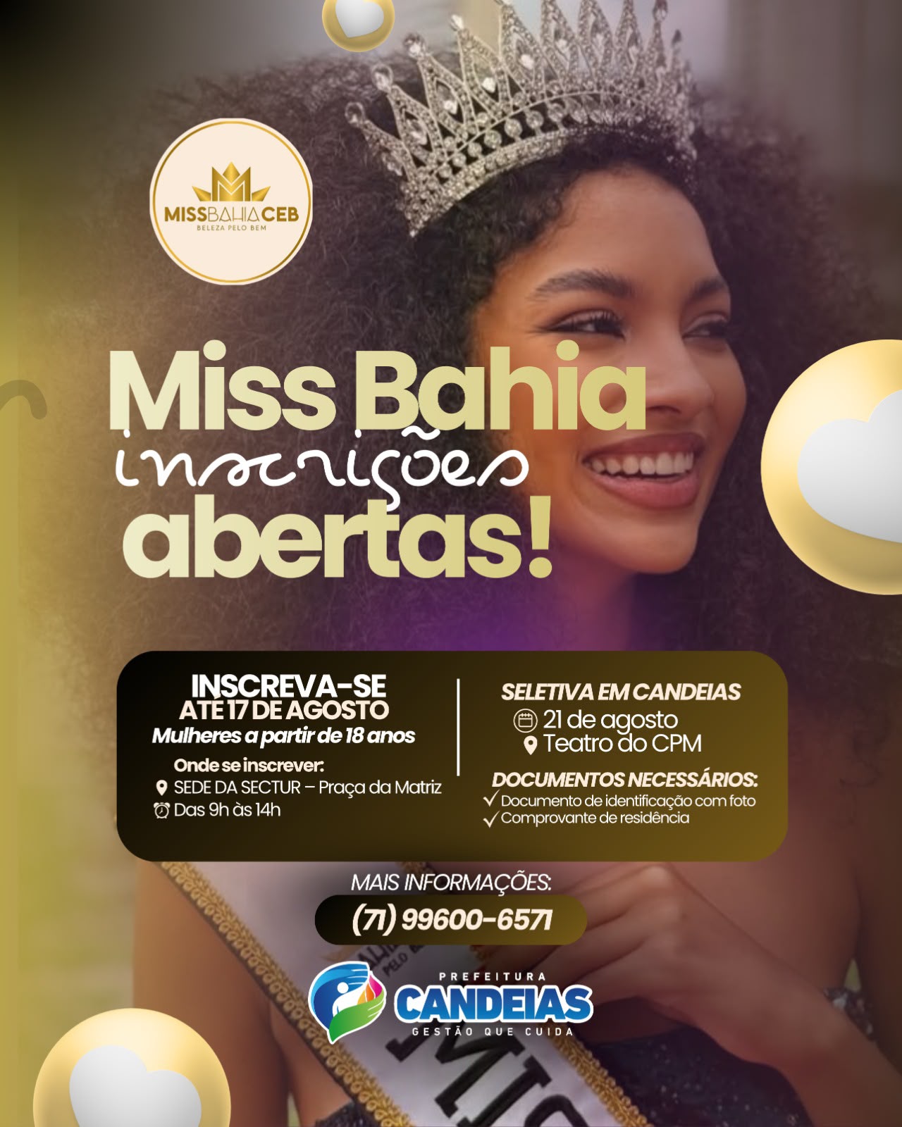 Candeias: Seletiva do Miss Bahia será realizada no dia 21 de agosto; inscrições estão abertas